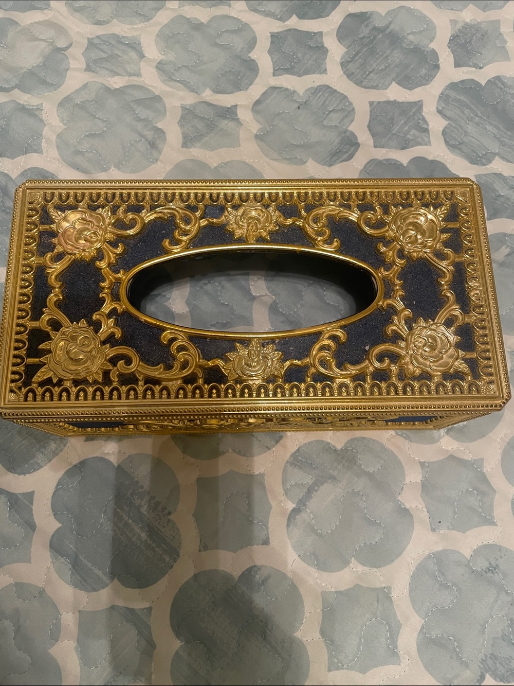 Ornate Gold and Navy Decorative Tissue Box Cover